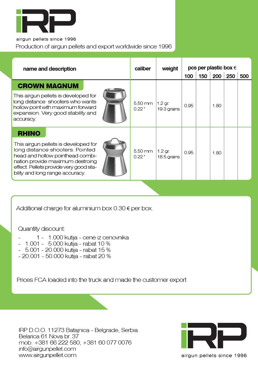 Prices AIRGUN PELLETS